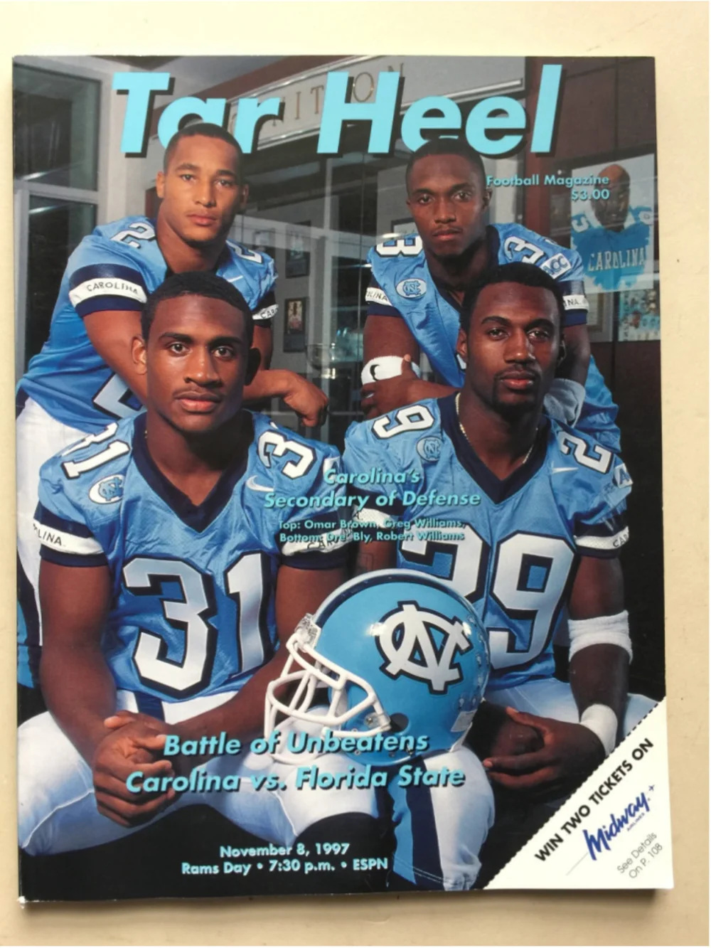 Nov 8 1997 Tar Hill Football Magazine, UNC Tar Heels, Carolina VS Florida State